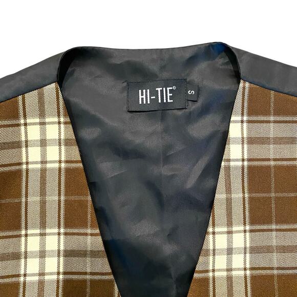 Hi Tie Men's Brown Plaid Suit Vest Sz S Woven Silk Preppy Academia Waistcoat - Picture 5 of 10